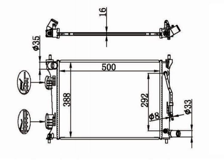 Su Radyatörü 500 x 388 x 16 Brazing Accent Blue Benzinli 2011-- A/T/ I20 2012-- 1.4 I20 A/T Rio 2011-- Benzinli